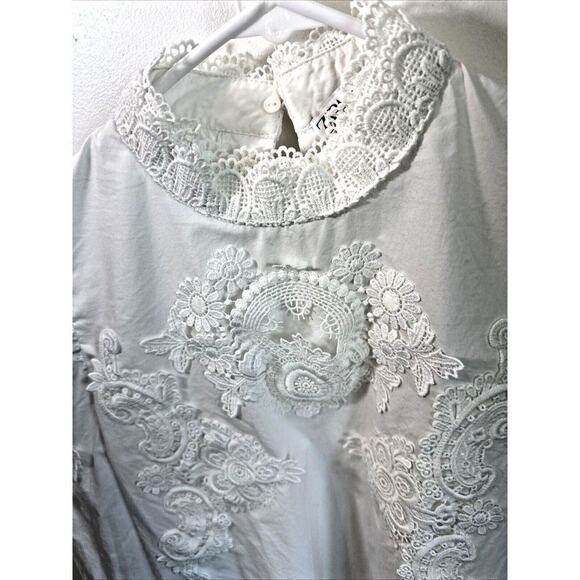 Zara Combined Poplin Cotton Blouse Top Puff Sleeve Crochet Lace Mock Neck XS - Picture 6 of 12